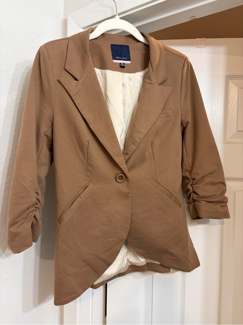 Modcloth Camel Single-Button Blazer with Ruched Sleeves